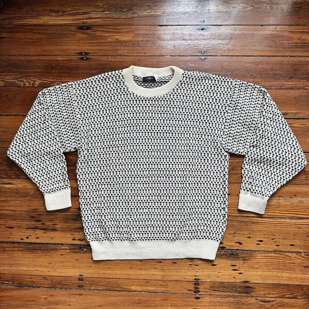 Vintage Boston Clipper Men's M Crewneck Knit Sweater 100% Cotton White Birdseye
